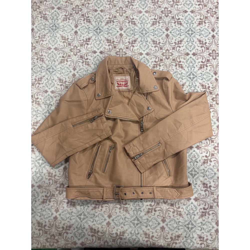 Levi's Womens Tan Faux Leather Moto Biker Jacket Belted XL RN54163 CA57151